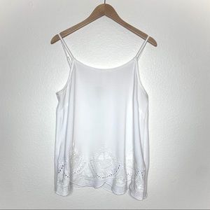 White Tank Top Embroidered Lace Hem Adjustable Straps Loft